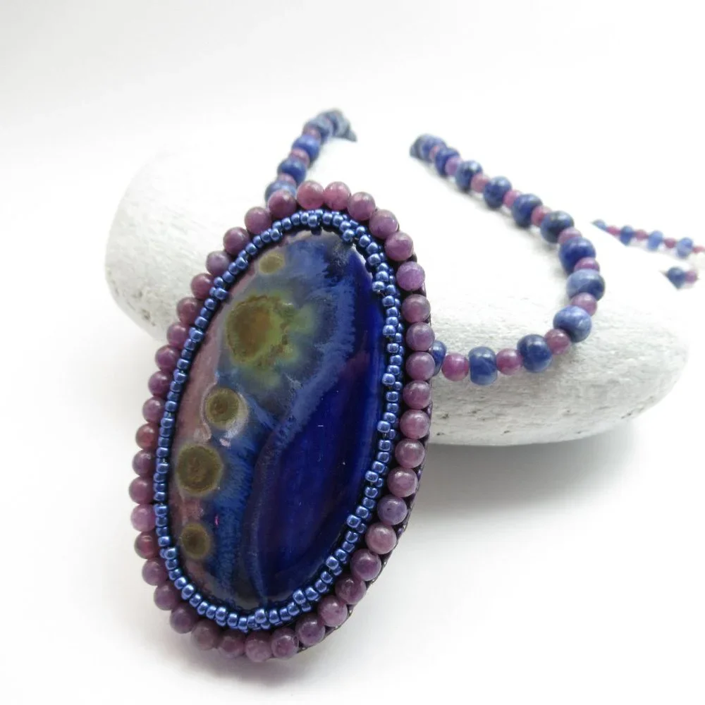 Artisan Bead embroidered cabochon on Sodalite and Lepidolite necklace